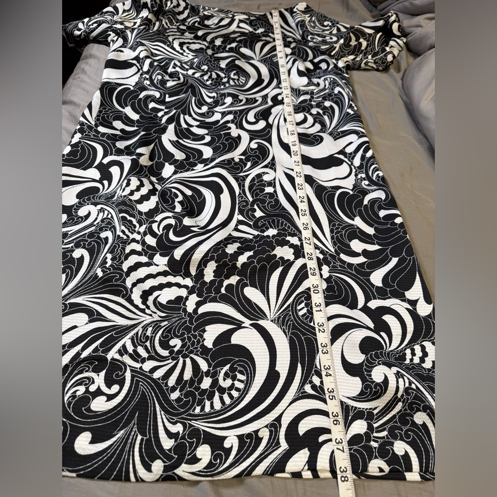 Talbots Black White Floral Dress Bubble Sleeve Satin Shift Wedding Guest Classic - Picture 15 of 17